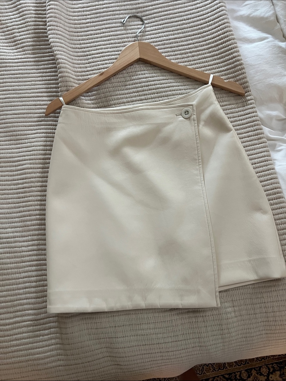 Aritzia BABATON Cream Vegan Leather Mini Wrap Skirt with Button Detail